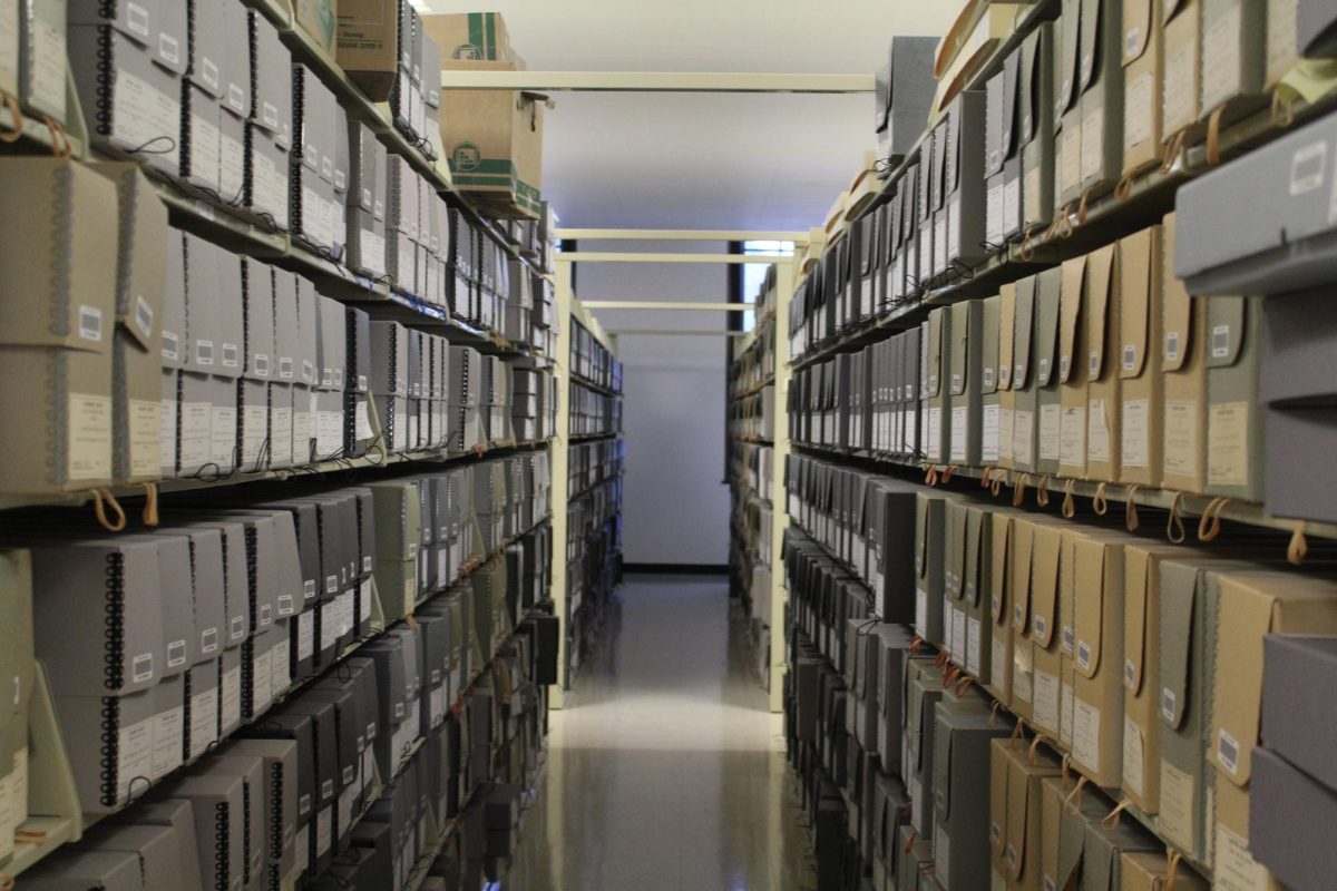 A row of archived files at the University Archives in the Main Library on April 22.