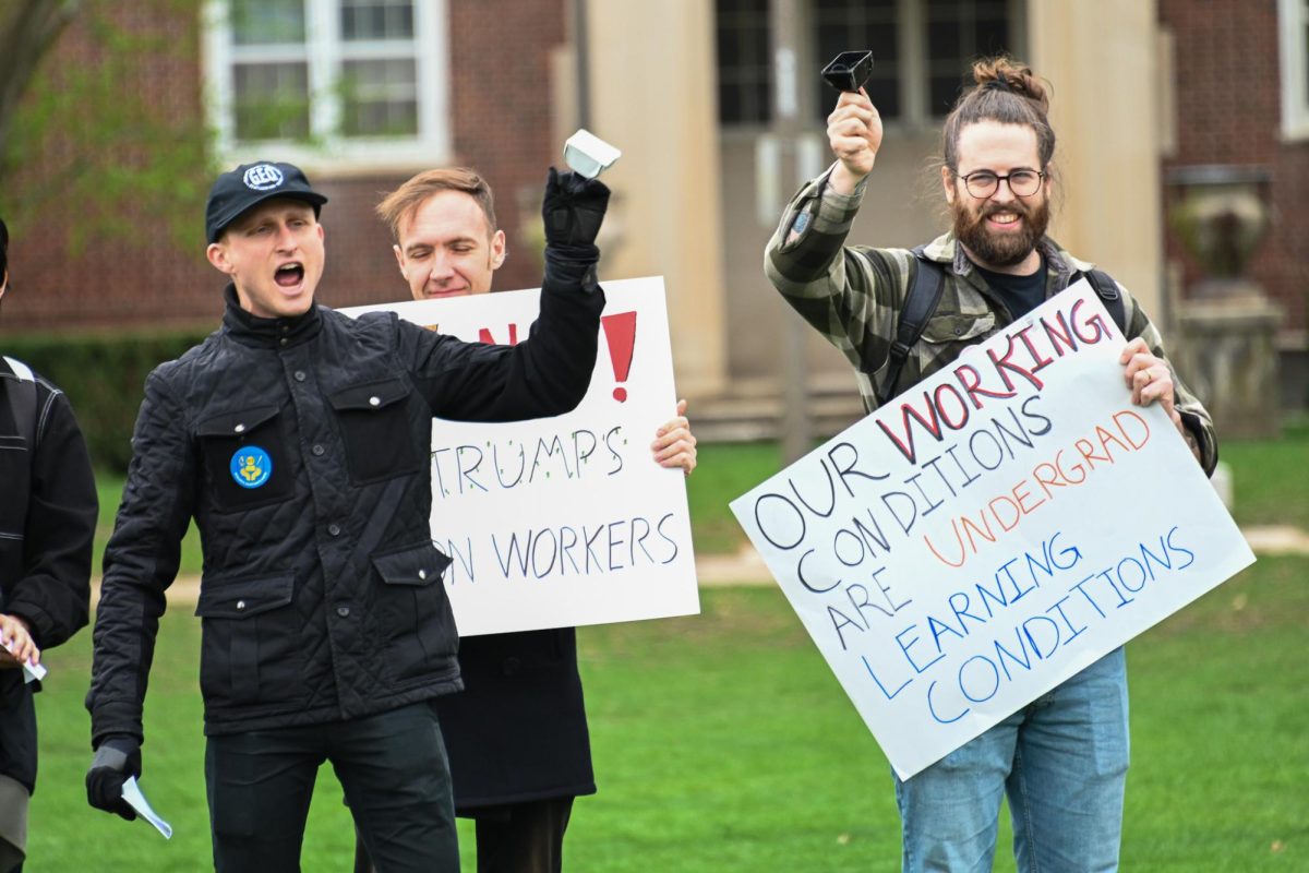 Members of the Graduate Employees' Organization rally for increased wages and a change to health insurance policy on Apr. 3. GEO announced Friday that research assistants have begun the process of unionizing. 