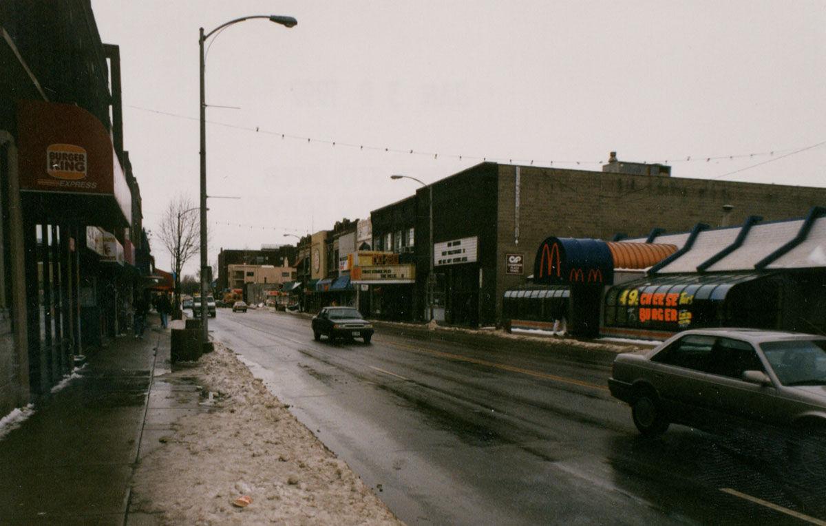 Storefronts and chain restaurants line Green Street in 1996.