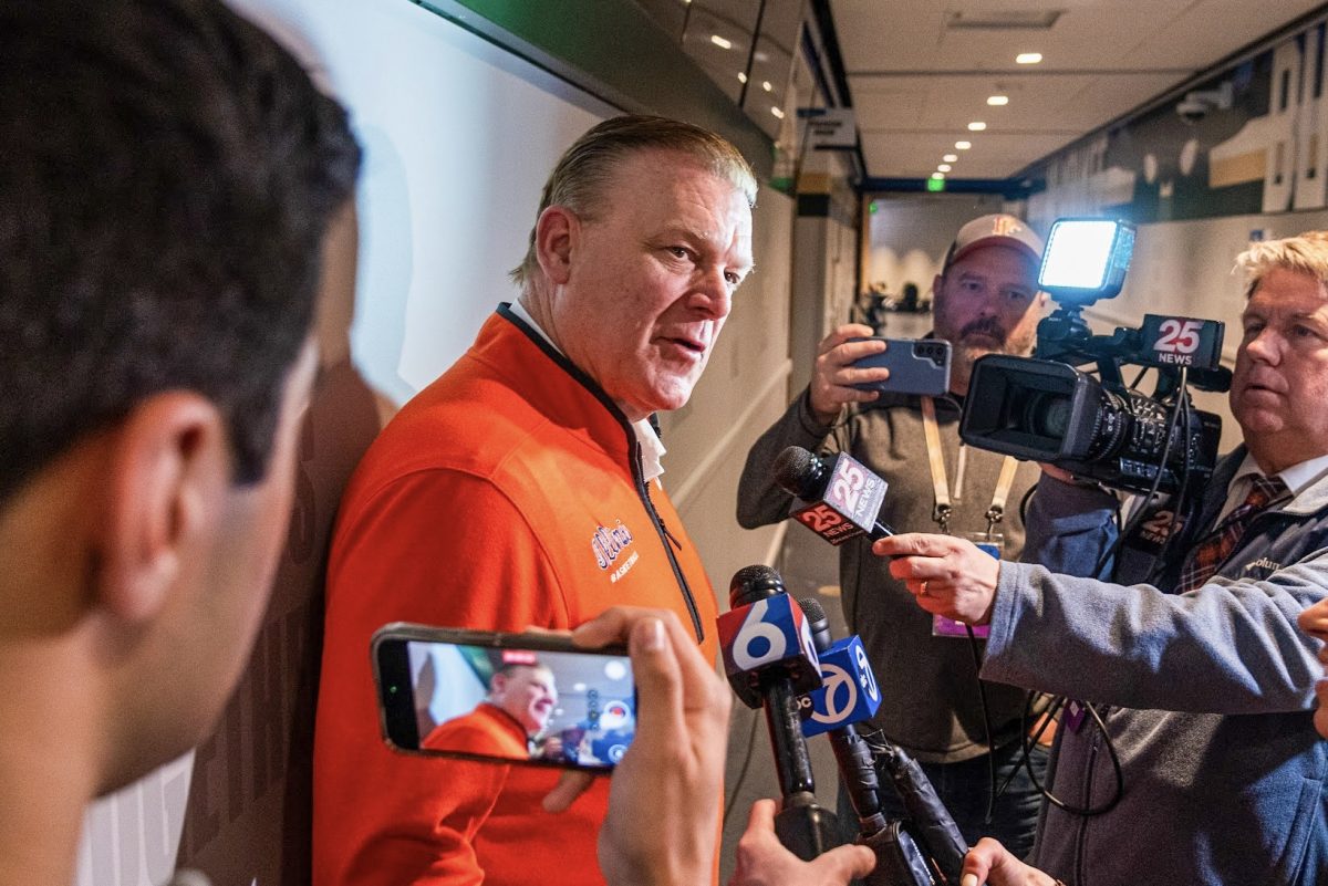Brad Underwood speaks with reporters after Illinois' first round win over Xavier in the 2024 NCAA tournament on March 21.