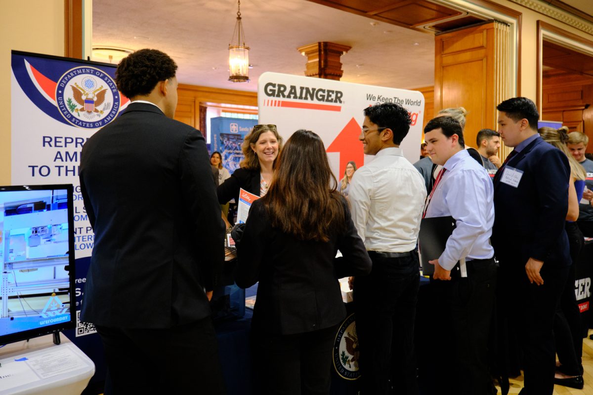 Students visit tables at the LAS and ACES career fair on Sept. 20, 2023.