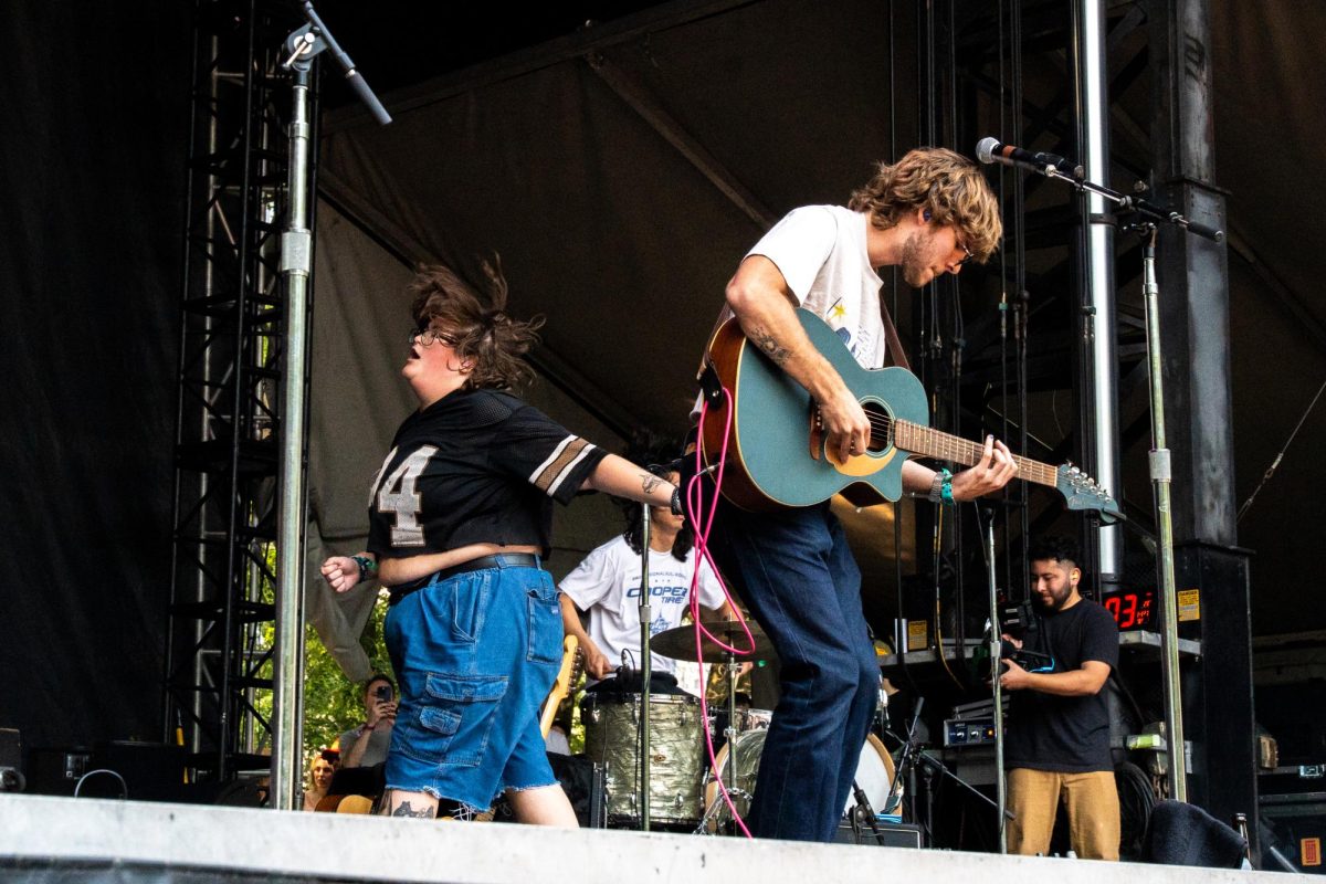 Harlow (Left) and Tyler (Right) of Hey, Nothing perform in the early afternoon of Lollapalooza day 2 on The Grove stage. 