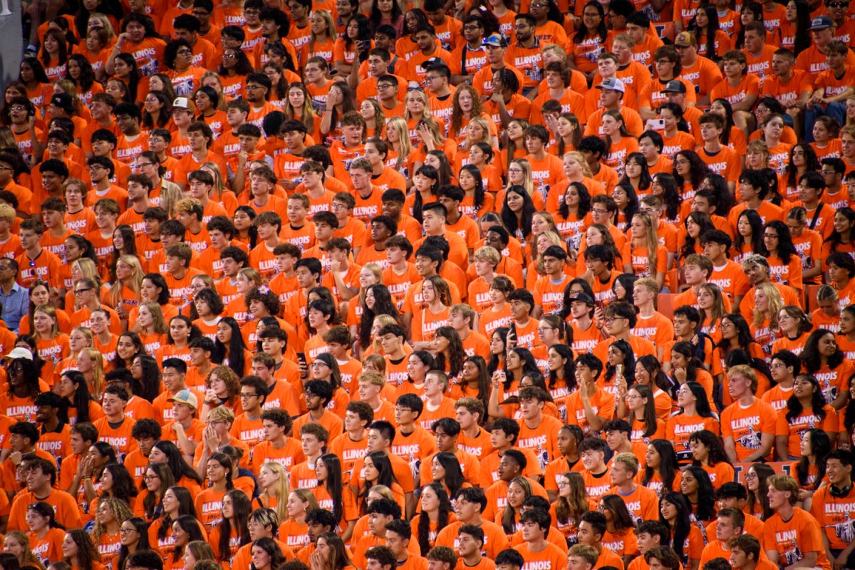 Hundreds of new students fill the seats of Gies Memorial Stadium for Sights and Sounds, an event to welcome incoming freshmen and to kick off the fall sports season.