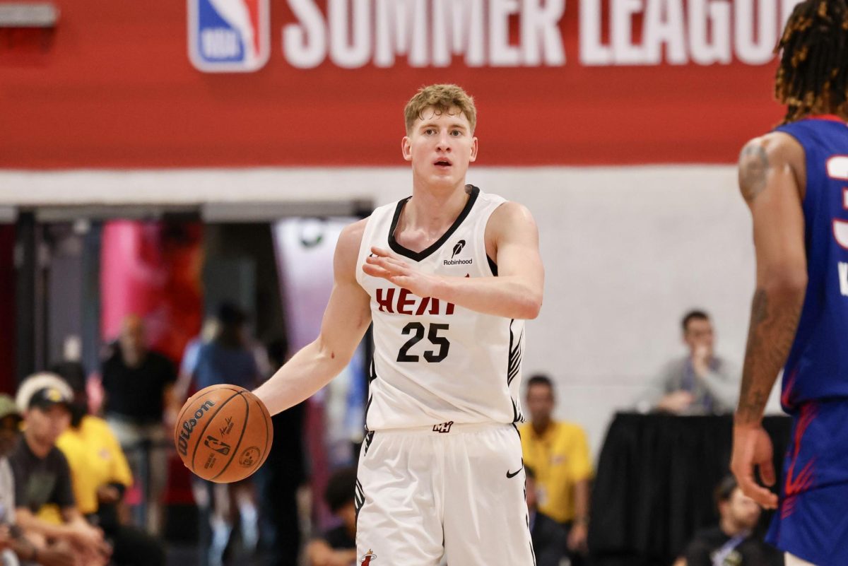 New Miami Heat guard Kasparas Jakučionis dribbles the ball up the court during a NBA Summer League game against the Detroit Pistons on July 17 in Las Vegas.