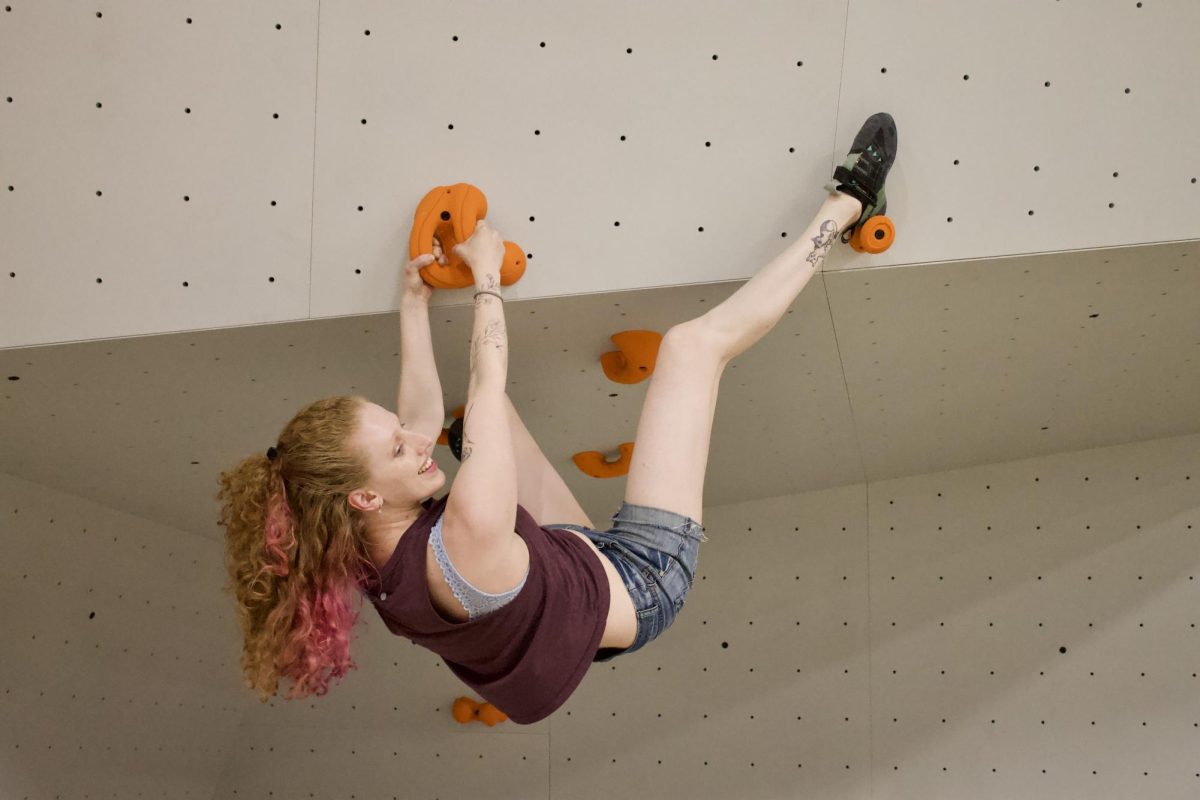 Natalie Broadhurst, one of Horizon Climbing's managing owners, climbs one of the walls at her gym in Champaign.