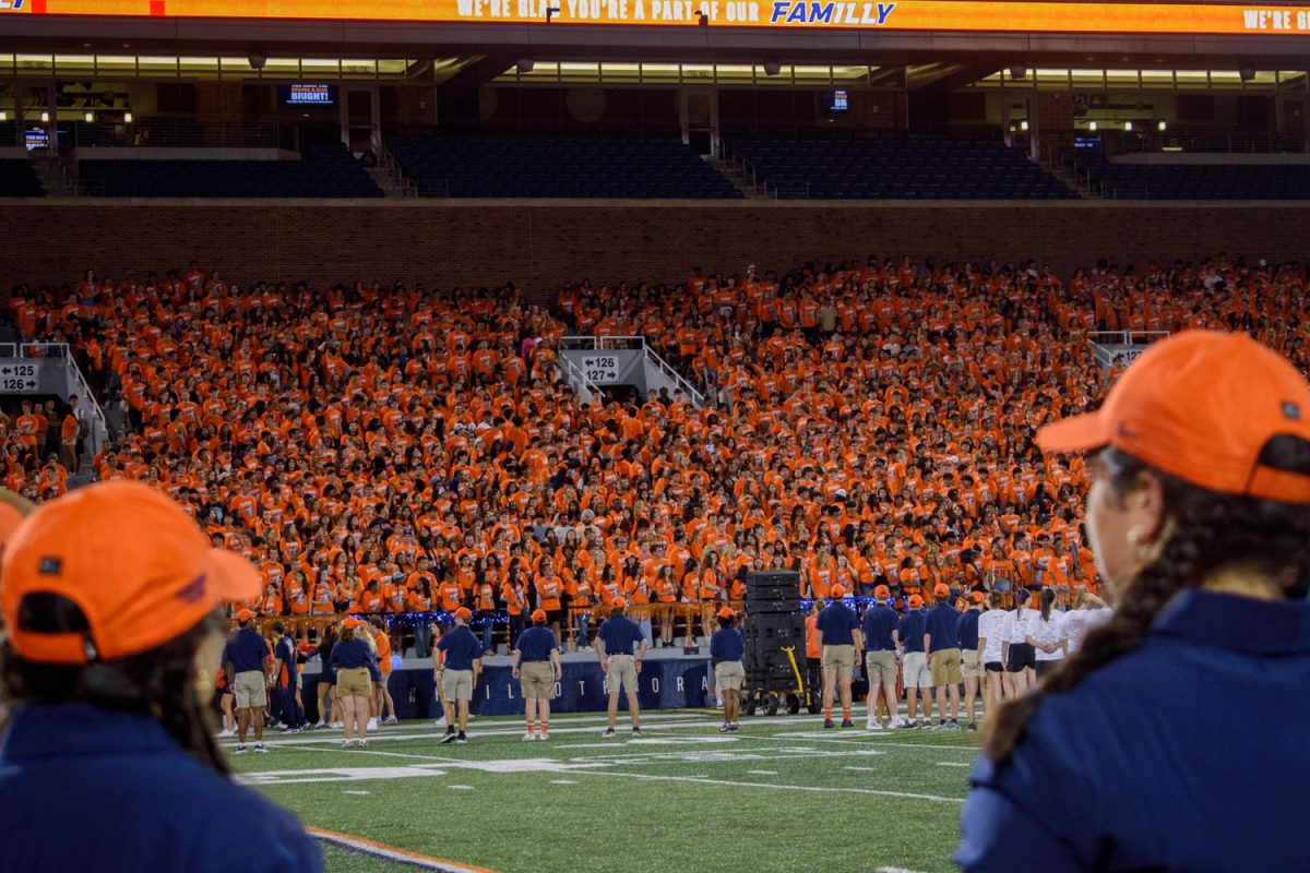 Hundreds of new students fill the seats of Memorial Stadium for Sights and Sounds, an event to welcome incoming freshmen and to kick off the fall sports season. This year, the University welcomed 9,207 new freshman.