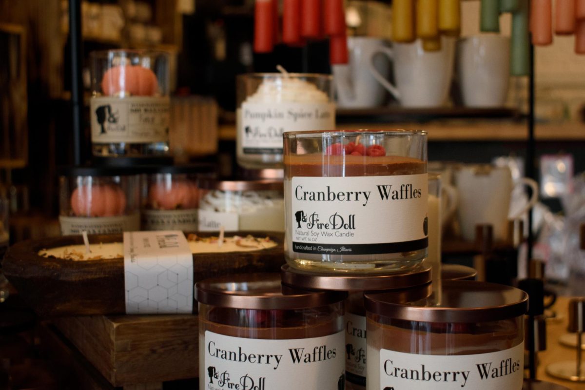 A display of seasonal fall candles sits out at Fire Doll Studio in Champaign on Sept. 20.