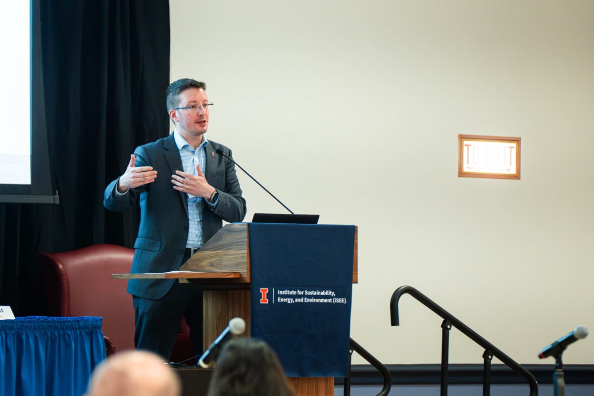 Jeremy Guest, director of the Levenick Center for a Climate-Smart Circular Bioeconomy at the University, speaks at the annual Institute for Sustainability, Energy, and Environment Congress on Sept. 26.