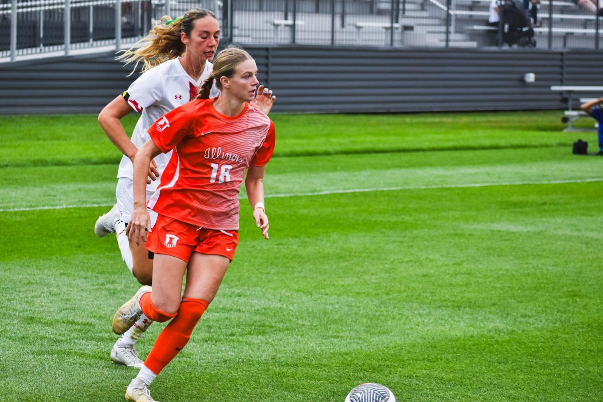 Senior forward Sarah Foley guides the ball during Illinois’ match against Maryland on Sept. 29, 2024. 