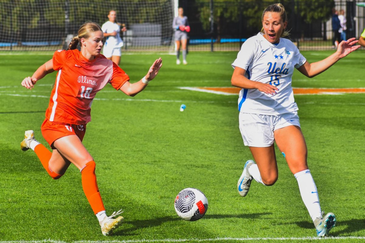 Senior forward Sarah Foley chases the ball during Illinois’ game against UCLA on Oct. 13, 2024.