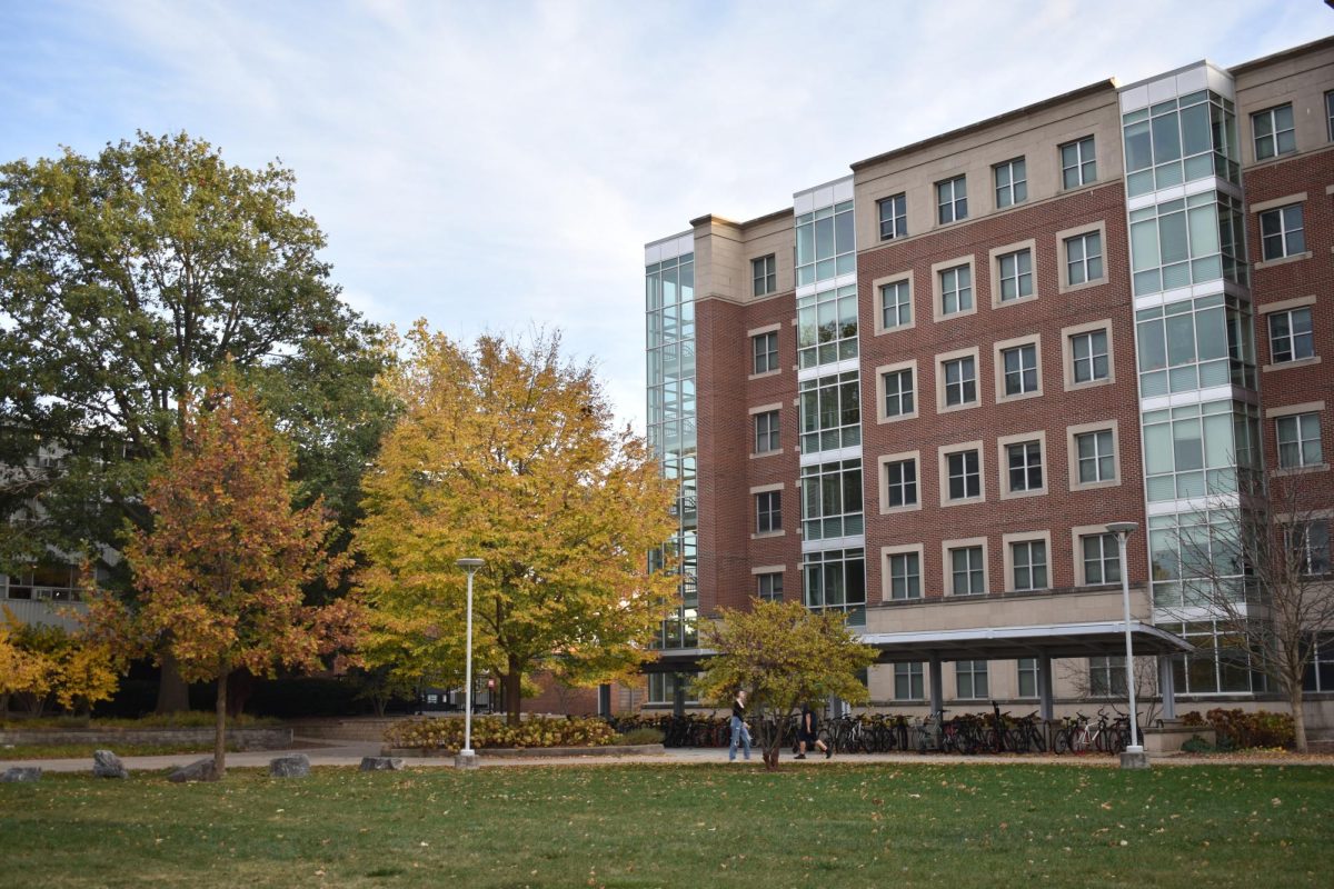 Students walk outside Bousfield Hall on Oct. 30, 2024. Bousfield Hall has suite-style living and is home to floors full of Marching Illini members
due to a special agreement made by the band director, Barry Houser.