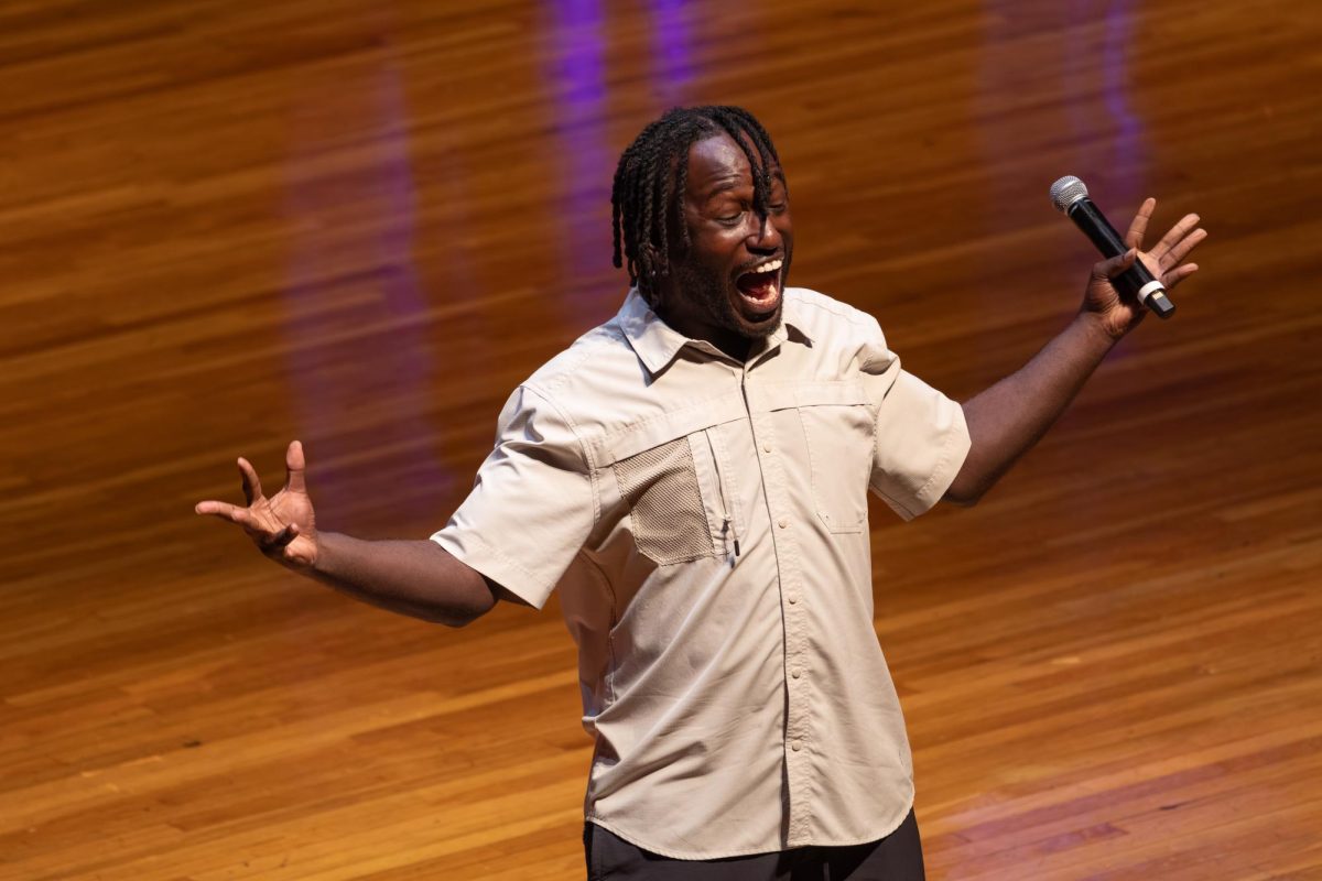 Comedian Hannibal Buress performs an energetic set at Foellinger Great Hall as part of the PYGMALION Festival in Champaign-Urbana on Saturday.