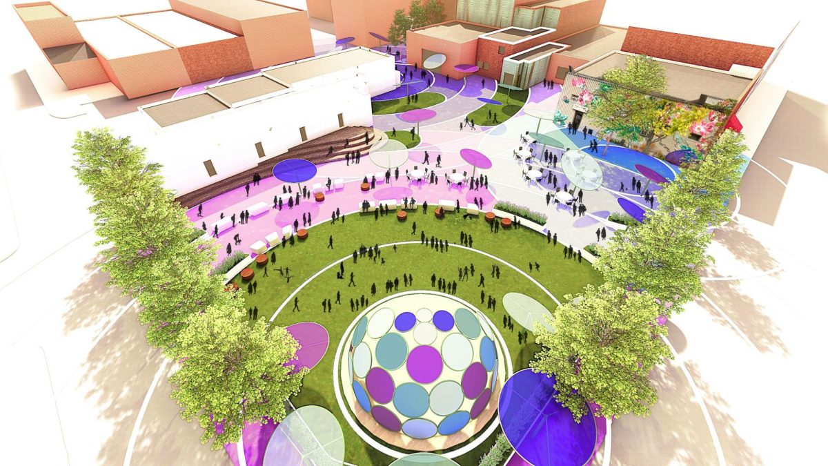 An image showing a rendering of the proposed transformation of the Rose Bowl Tavern parking lot into a permanent gathering space. University students and faculty who developed the project presented their idea to the Urbana City Council Sept. 2.