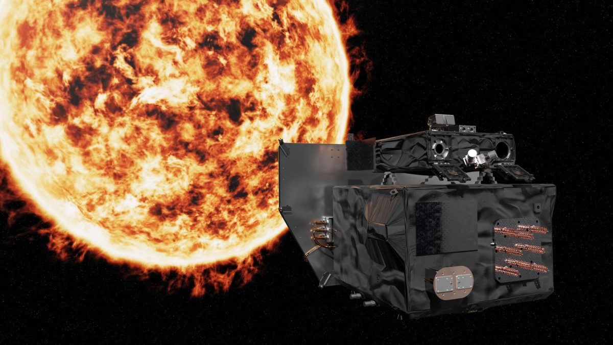 A model shows the Carruthers Geocorona Observatory orbiting the sun. The Observatory mission, led by University professor Lara Waldrop, will take off from Kennedy Space Center on Tuesday, with the goal of studying the earth’s outer atmospheric layer. 