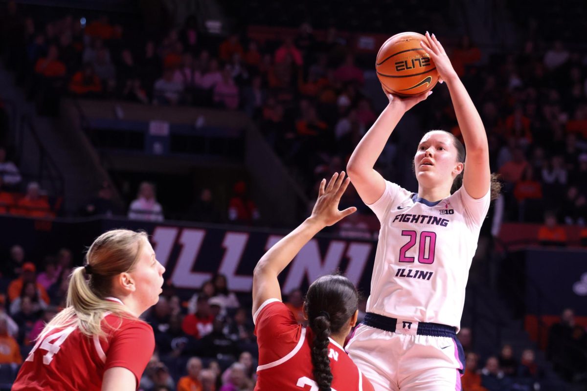 Forward Berry Wallace shoots over a Nebraska defender during the Illinois vs. Nebraska game on Feb. 16.