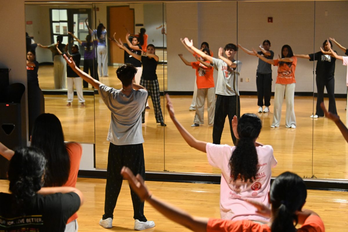 The Bollywood dance team, Fizaa, practices in the ARC on Sunday, Sept. 21, for upcoming showcases and performances. They break down their dance moves, practicing the hands and legs separately, and seamlessly build them together.