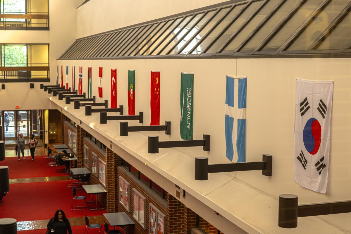 Flags covering the entire length of the walls in the main atrium of the Literatures, Cultures & Linguistics Building on Sept. 24. The federal government told resource centers at the University it would no longer fund the Foreign Language and Area Studies fellowship.