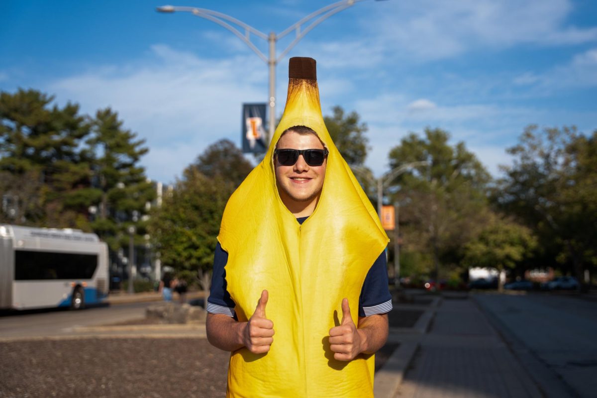 Tyse Blumenthal, freshman in LAS, stands in his banana costume, Oct. 2.