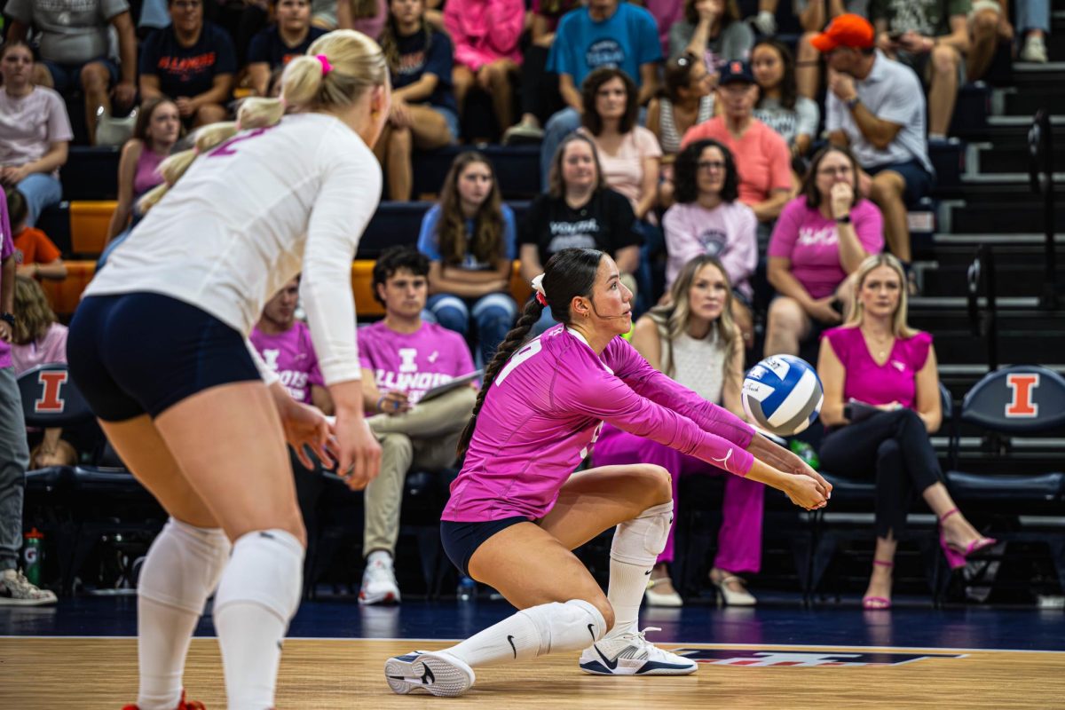 Freshman Outside Hitter Alyssa Aguayo recieves a serve during the Illinois volleyball match against Michigan St. on October 5. Illinois would end up winning the match 3-2.