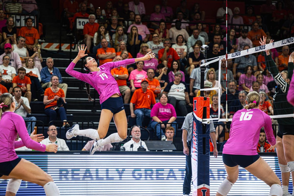Freshman outside hitter Alyssa Aguayo goes up to spike the ball during the Illini’s match against the Spartans on Oct. 5.