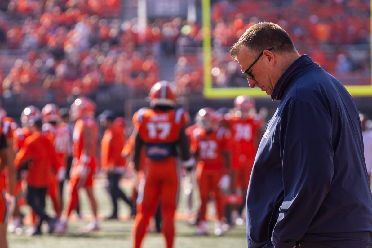 Illinois head coach Bret Bielema paces in the endzone during warmups before the game vs. No. 1 Ohio State on Oct. 11.