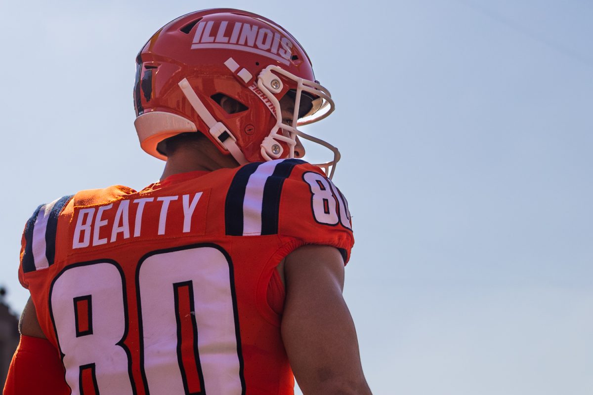 Senior wide receiver Hank Beatty stands in the endzone during warm ups at the game versus No. 1 Ohio State University on Oct. 11. The Buckeyes defeated the Illini 34-16.