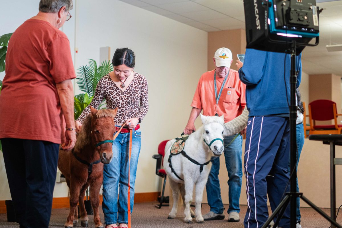 Students pet ponies at Grainger Library from on Oct. 10. Heartland Mini Hoofs, an equine therapy visitation program, paid a visit to campus to give students the opportunity for a break from academic stress.