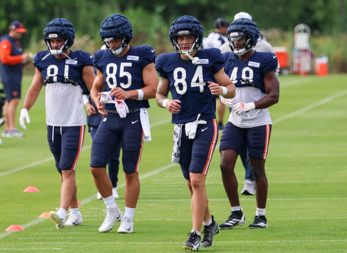Chicago Bears tight ends Durham Smythe (81), Cole Kmet (85), Colston Loveland (84) and Jordan Murray (48) head to the next drill during training camp at Halas Hall on July 29 in Lake Forest, Illinois. (Stacey Wescott/Chicago Tribune)