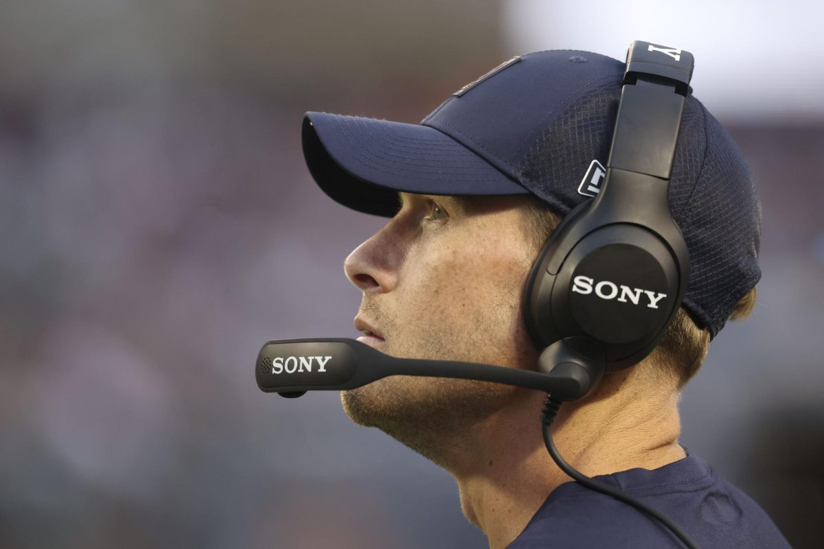 Bears coach Ben Johnson watches the fourth quarter against the Cowboys on Sept. 21 at Soldier Field. (Brian Cassella/Chicago Tribune)