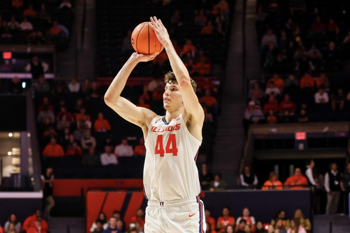 Junior center Zvonimir Ivišić shoots a three pointer on Oct. 19 against Illinois State at State Farm Center. 