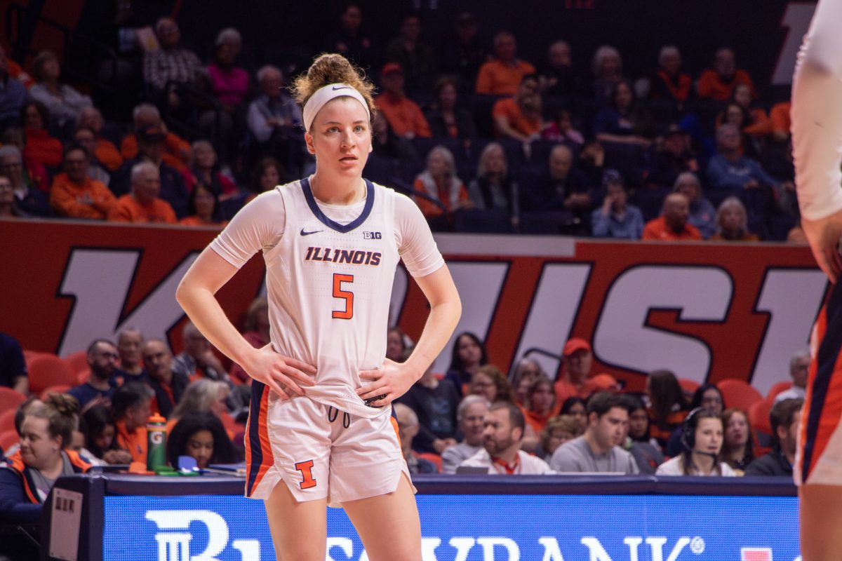 Gretchen Dolan watches Northwestern shoot a free throw on Feb. 8, 2024, at State Farm Center.
