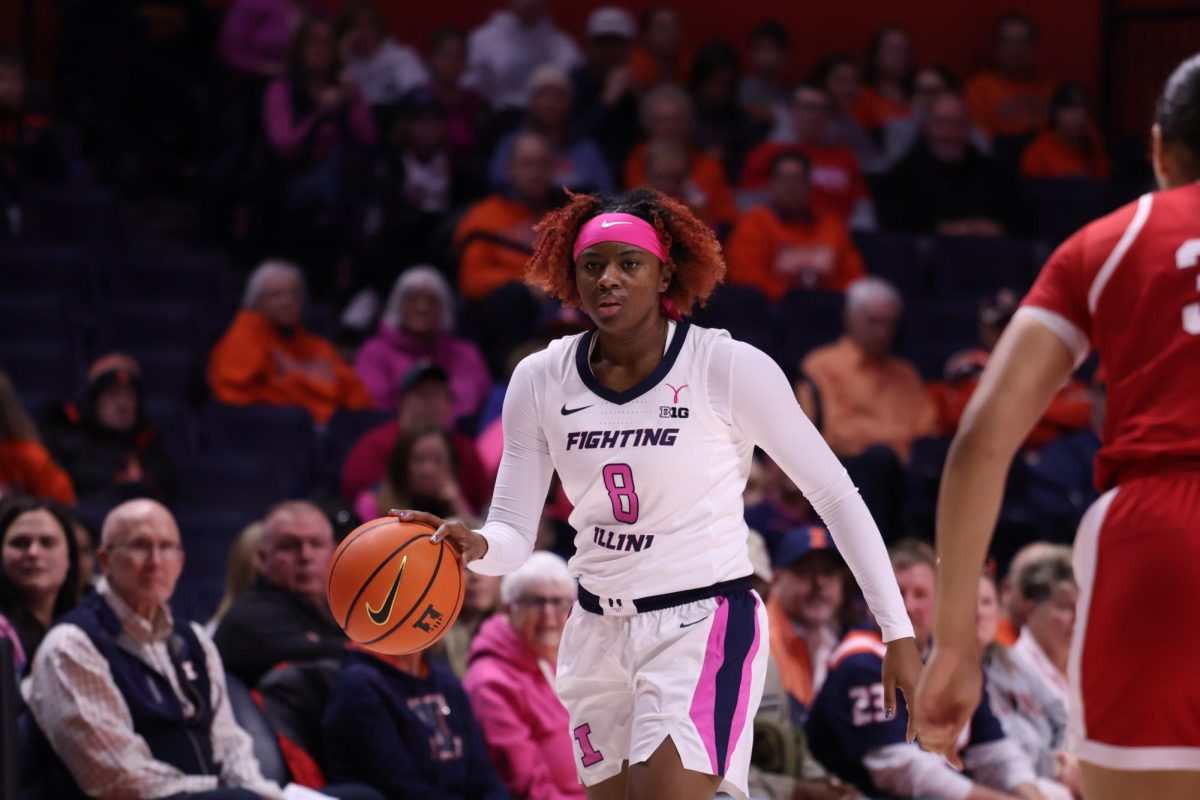 Sophomore guard Jasmine Brown-Hagger brings the ball up the court on Feb. 16 against Nebraska.