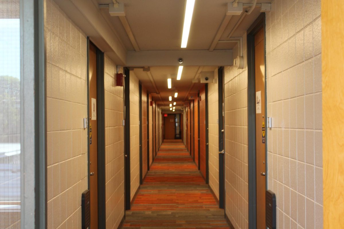 Lights shine down on a dorm hallway in Wardall Hall, one of the ISR halls, on Sept. 16. This will be one of the residences affected by the new lottery-based signup for returning residents. 