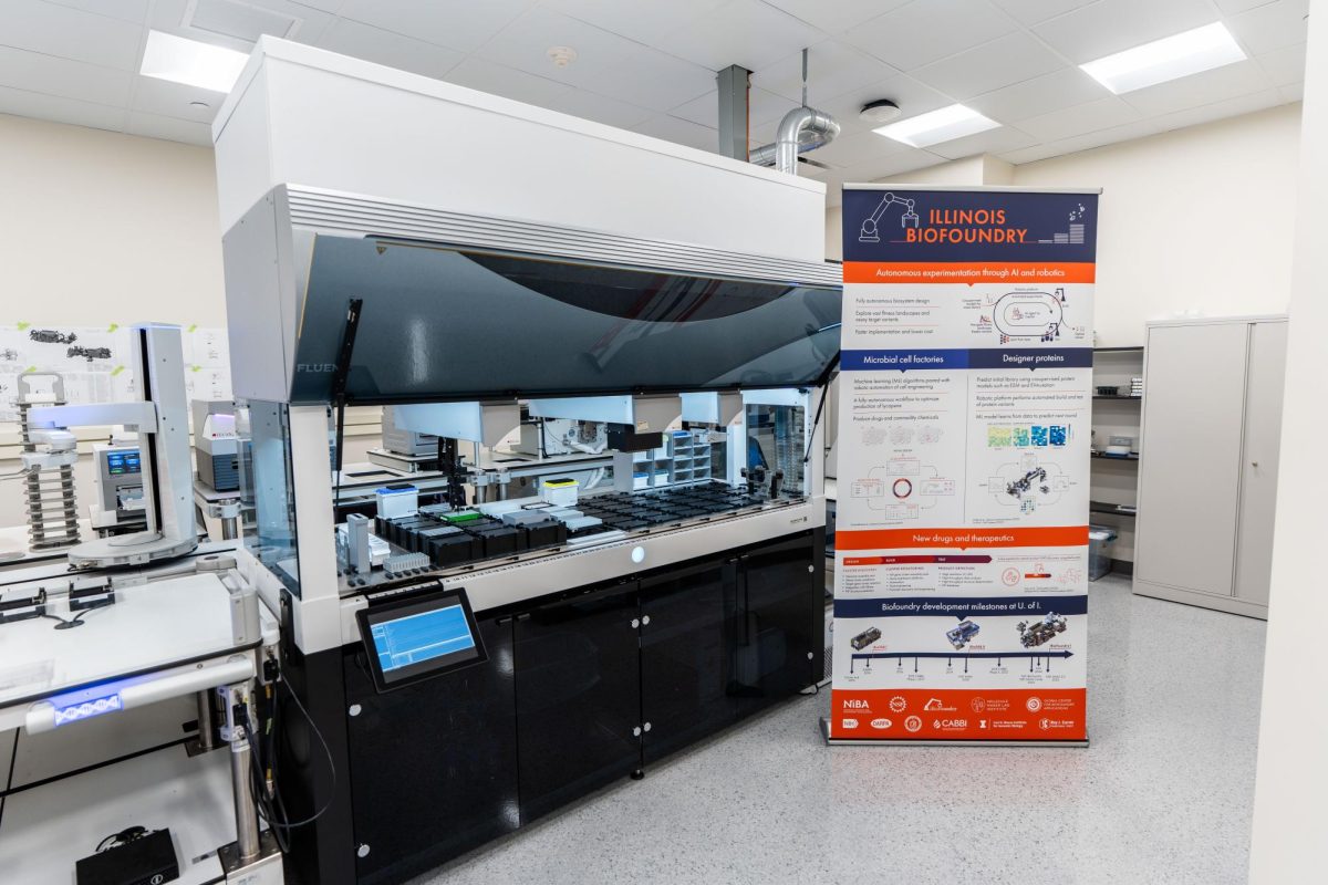 The iBioFoundry is located in the basement of Carl R. Woese Institute for Genomic Biology. It integrates synthetic biology, laboratory automation and artificial intelligence to advance protein and cellular engineering.