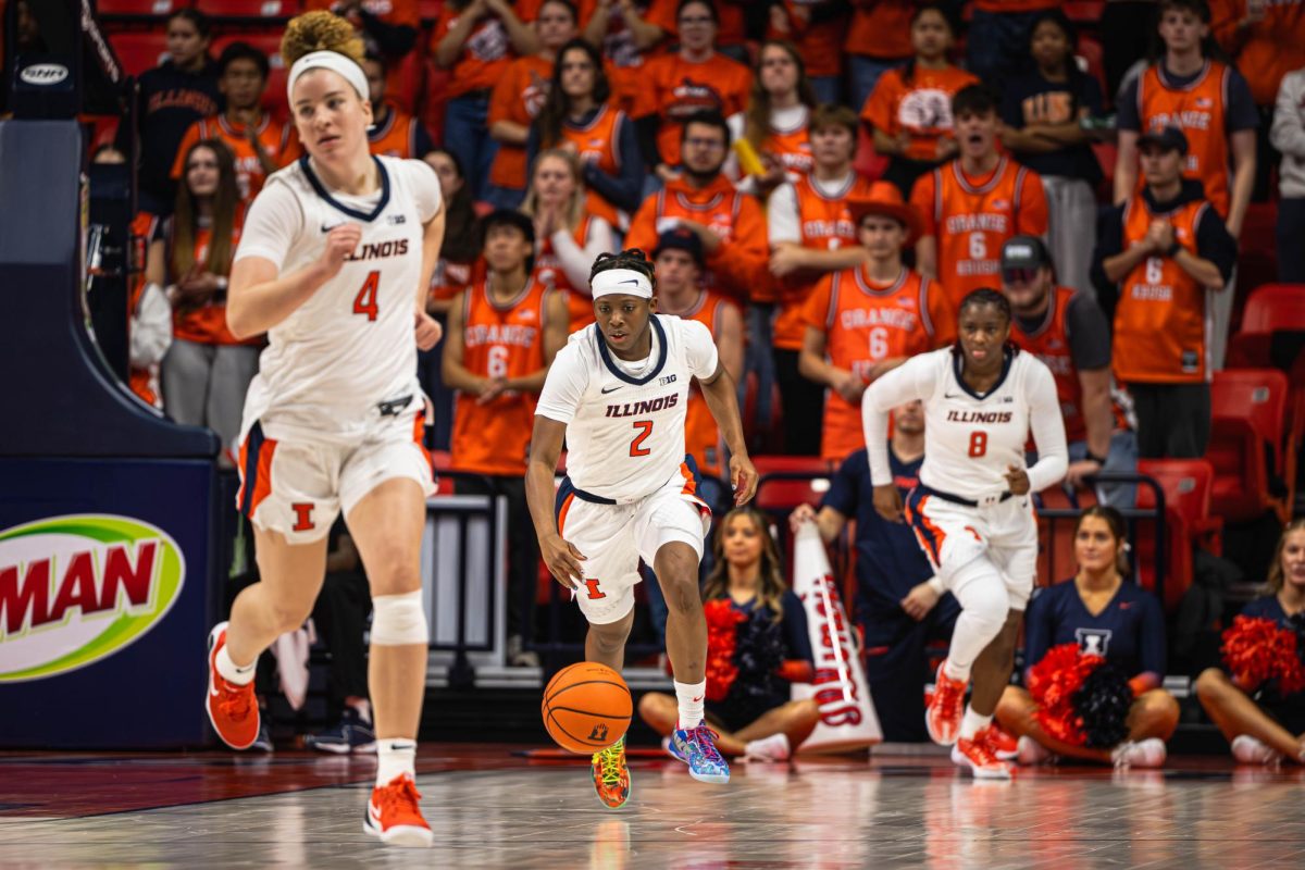 Freshman guard Destiny Jackson starts the fast break by dribbling up the floor during the Illinois vs. Illinois State game on Nov. 9. Illinois would go on to win the game, 75-65.