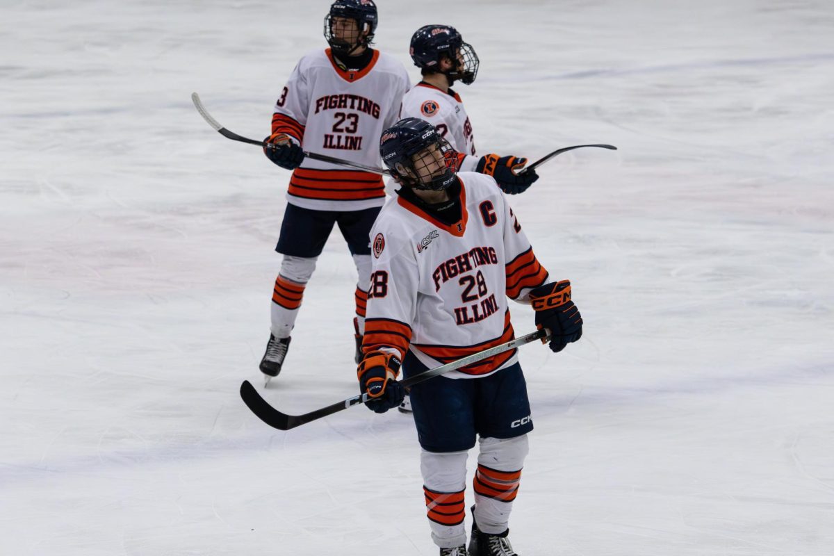 Sophomore forward David Ras skates during a break in the during in Illinois’ game against Rutgers on Nov. 1. 
