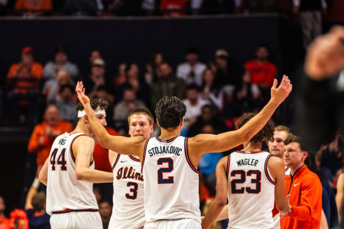 Junior wing Andrej Stojaković celebrates while coming off the floor against Texas Tech on Nov. 11.