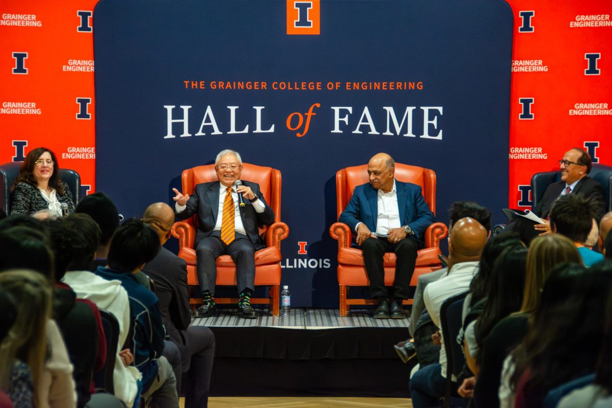 University alumni and tech CEOs Sidney Lu and Arvind Krishna answer questions about the future of technology during a panel discussion at the Illini Union on Nov. 14. The panel was a lead-up to Krishna, Lu and former Engineering professor Pete Sauer’s induction into The Grainger College of Engineering Hall of Fame.