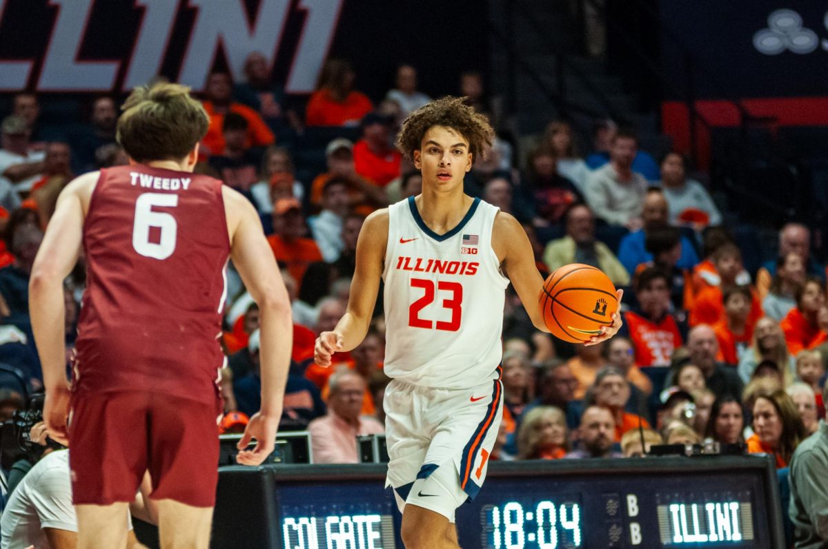 Freshman guard Keaton Wagler dribbles on the perimeter against Colgate on Nov. 14. 