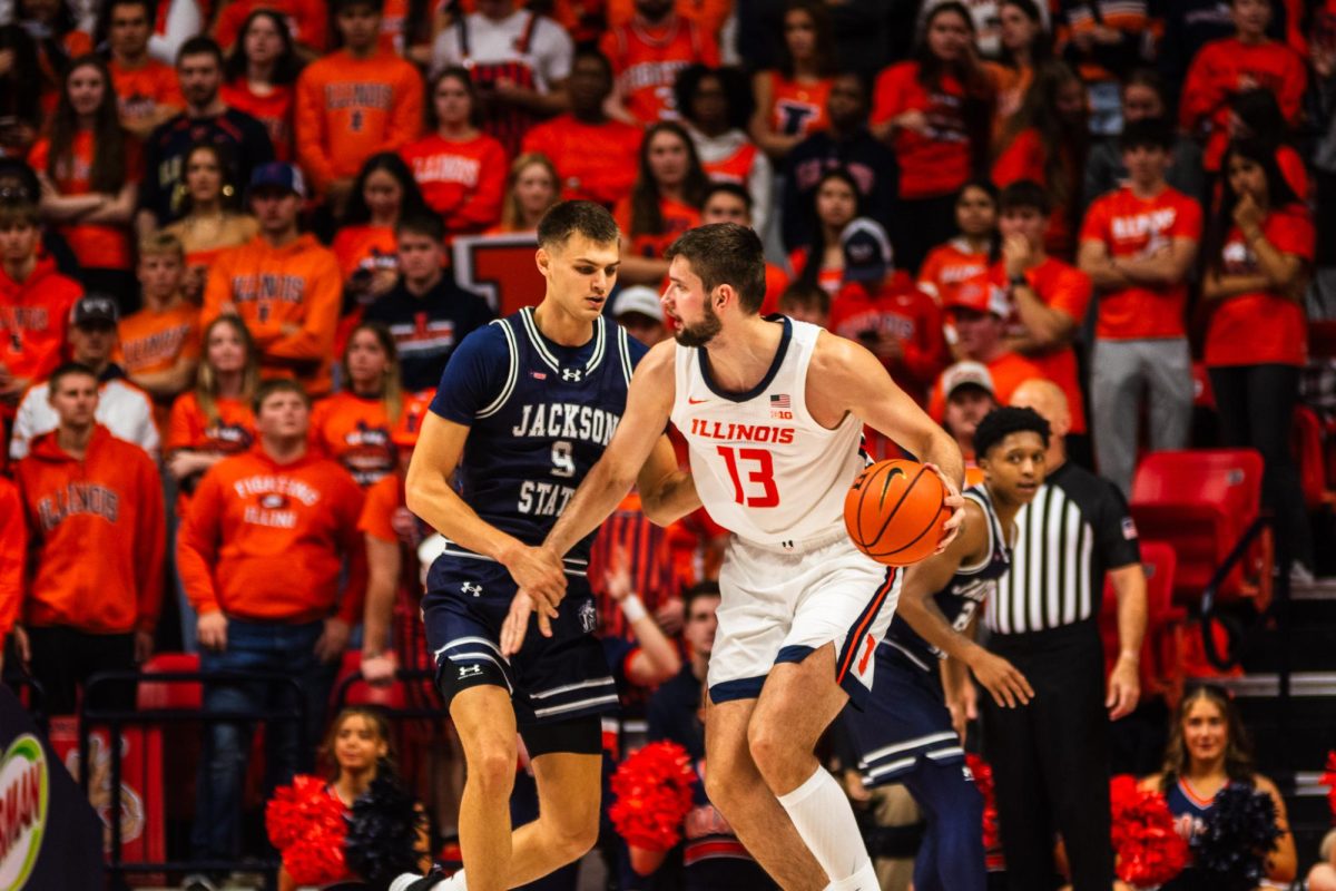 Junior center Tomislav Ivišić backs down his defender in Illinois’ Nov. 3 win over Jackson State.