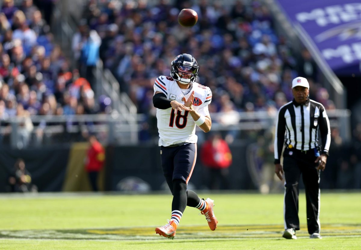 Bears quarterback Caleb Williams throws a pass in the first quarter against the Ravens on Oct. 26 at M&T Bank Stadium in Baltimore. (Chris Sweda/Chicago Tribune)