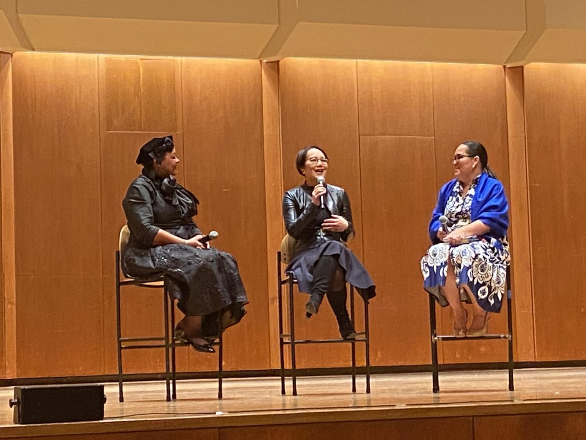 Rabbi Angela Buchdahl (center) discusses her new memoir with Ollie Watts Davis (left) and Gioconda Guerra Pérez (right) during a talk at Foellinger Great Hall on Nov. 13.