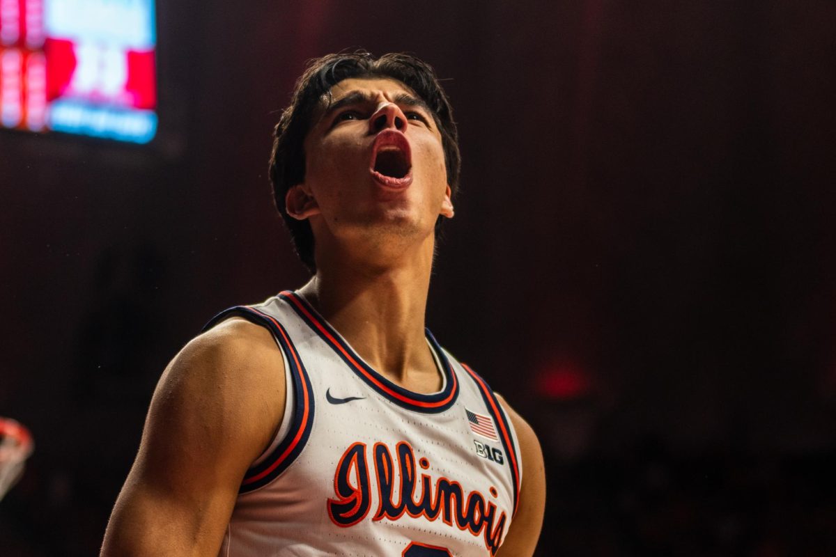 Junior guard Andrej Stojaković celebrates during Illinois' four-point win over Texas Tech Nov. 11 in Champaign.