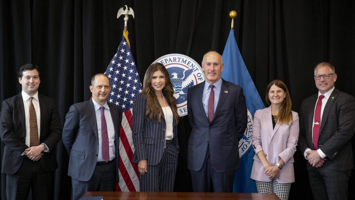 Department of Homeland Security Secretary Kristi Noem meets with the CEO of AT&T, John Stankey and other company representatives at DHS Headquarters in Washington, D.C., on June 17.  Demonstrators plan to gather outside Champaign’s AT&T location to protest the company's contracts with DHS.
