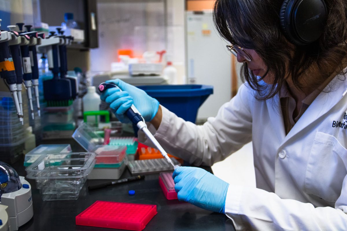 Gisselle Rosas-Camacho, a research specialist at the DNA sequencing lab in the Roy J. Carver Biotechnology Center, pipettes DNA samples on Nov. 7. The facility, directed by Alvaro Hernandez, offers DNA sequencing and fragment analysis to academics, government agencies and companies.