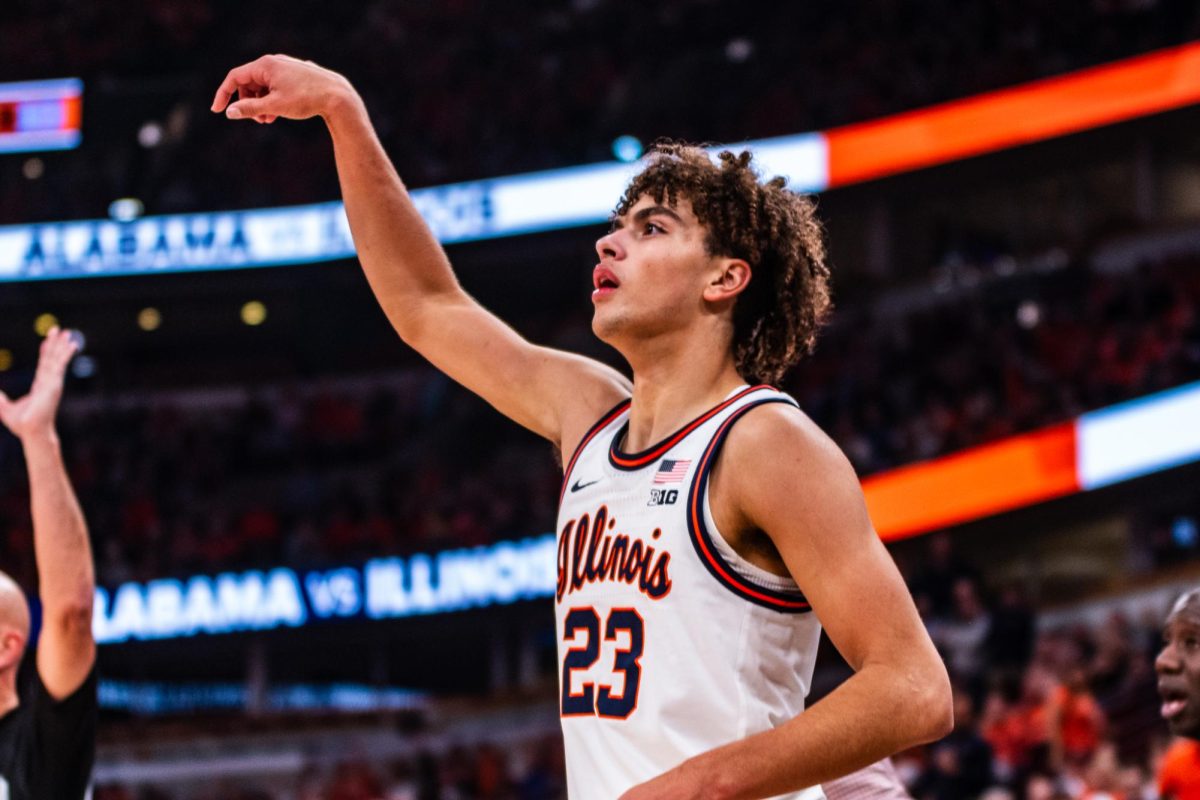 Freshman guard Keaton Wagler holds his follow through after a jump shot against Alabama on Nov. 19.