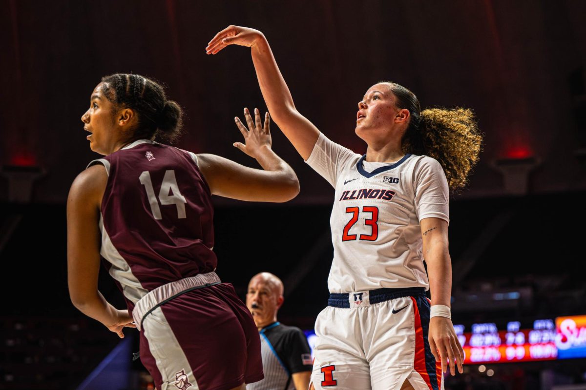 Sophomore forward Berry Wallace watches following the release of a 3-point attempt during Illinois’ game against Bellarmine on Dec. 2.