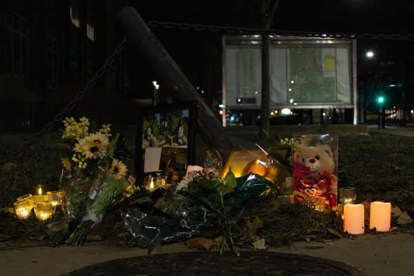 Flowers, teddy bears, photos and candles adorn a Dec. 22 memorial for Ororo Taylor, the 22-year-old Urbana resident who died while walking on campus after being struck by a driver that fled. The search for that driver is ongoing. 