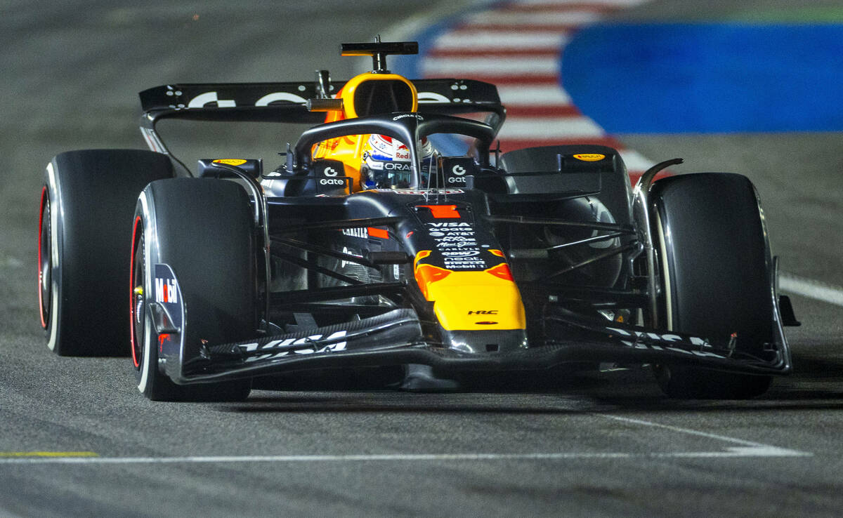 Red Bull driver Max Verstappen (1) speeds out of the final turn onto the straightaway during the Las Vegas Grand Prix race on Nov. 22, 2025. (L.E. Baskow/Las Vegas Review-Journal) @Left_Eye_Images