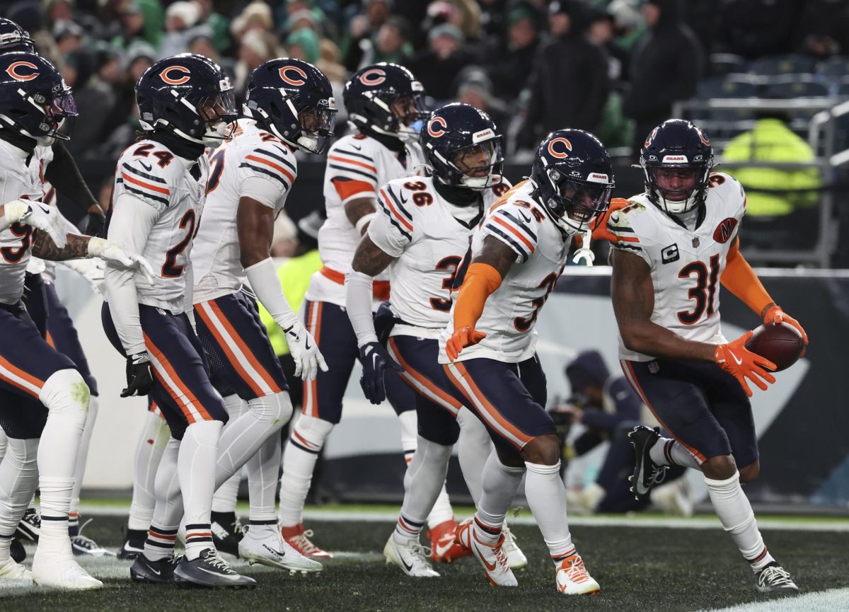 Bears safety Kevin Byard III celebrates his interception against the Eagles in the third quarter Nov. 28 at Lincoln Financial Field in Philadelphia. (Brian Cassella/Chicago Tribune)